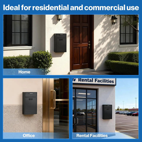 Heavy Duty Wall Mount Lock Box Deposit Safe With Code Lock For Businesses Vertical Tamper Proof Night Deposit And Cash Drop Box Steel Construction Perfect For Retail And Office Use Boss Grade Security mounted outside various commercial buildings