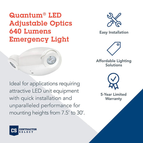 Quantum LED Emergency Light With 2 Adjustable Heads, Contemporary Commercial Ceiling Or Wall Mount, White Thermoplastic