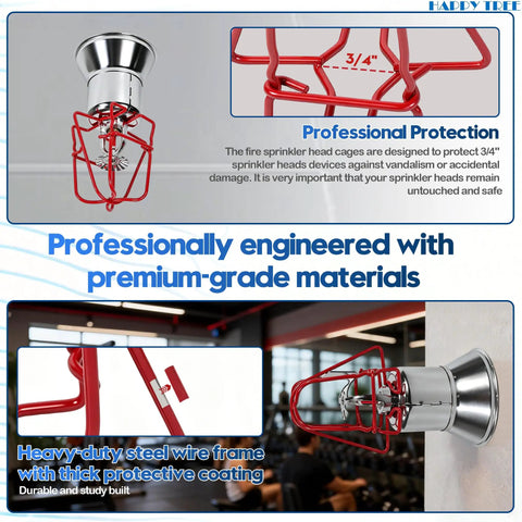 Commercial Grade Fire Sprinkler Head Protection Cages Three Quarter Inch Double Hook Steel Guard on mounted sprinkler, red wire frame.