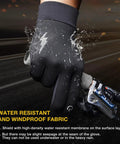 Close-up of Winter Warm Touchscreen Gloves for Men and Women, fleece lined, gripping a bicycle handle, showing water resistance.