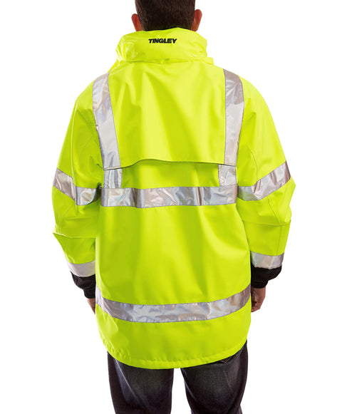 Back view of Worksite Ready High Visibility ANSI Class 3 Jacket With Phase 1 Black Fleece Liner Attached Hood 2X Fluorescent Yellow Green Black waterproof breathable shell with 2 inch reflective tape.