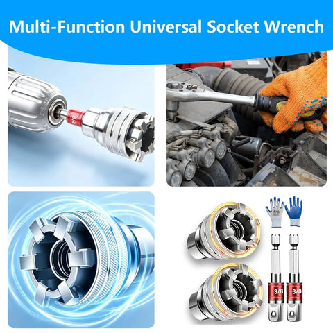 Two Pack Adjustable Universal Socket Wrench Tool Set Featuring 10mm To 19mm Adapters on a drill and in a mechanic's hand.