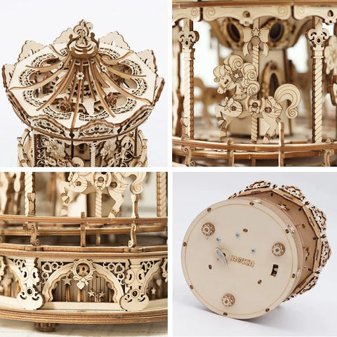 3D Wooden Puzzle Music Box Kit Mechanical MerryGoRound Model Build For Teens And Adults Wind Up Carousel Waltz Tunes Exquisite Display Piece For Family Rooms Totally Fun DIY Gift Idea, wooden carousel close-up