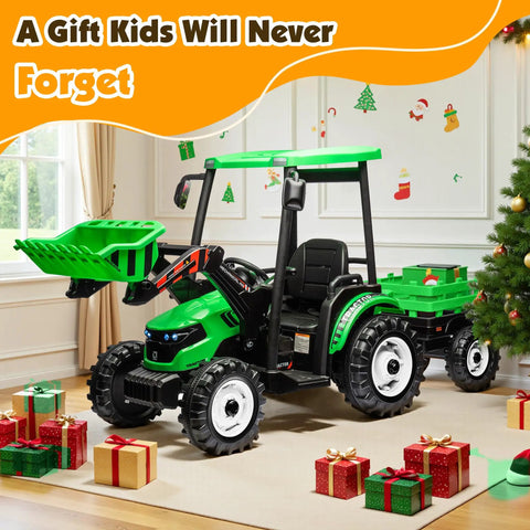 Killer 24V Kids Tractor Ride On with detachable trailer, green color, front loader scoop, heavy duty metal frame.