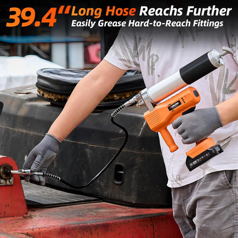 Person using Cordless Electric Grease Gun With 10000 PSI, 6.8 Oz Per Minute, Dual Batteries Included, 39.4 Inch Hose on machinery