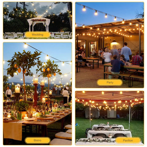 Various setups of 262Ft Outdoor G40 LED String Lights Waterproof Patio Lights Connectable UL Listed With 148 Shatterproof Plastic Bulbs