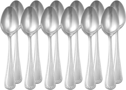 Top Tier Stainless Steel Dinner Spoons With Pearled Edge Handles solid balance build dishwasher safe set of twelve on white background.