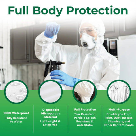 Top Shelf Heavy Duty Waterproof Disposable Coveralls With Hood Zippered Closure Elastic Cuffs Built Tough Full Body Shield Work Gear For The Grind 50 Pack in a clean, bright workspace.