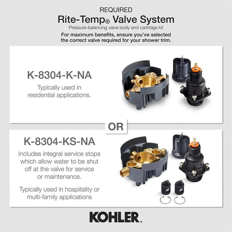 Rite-Temp valve system with K-8304-K-NA and K-8304-KS-NA options, showcasing internal components.