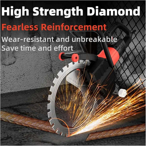 Big Iron 8900W Ring Concrete Saw with Diamond Blades cutting through metal with sparks, designed for heavy-duty stone work.