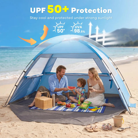 Beach Tent Sun Shelter For 3 4 6 8 People UPF 50 UV Protection Cabana Shade Tent on a beach with family under canopy