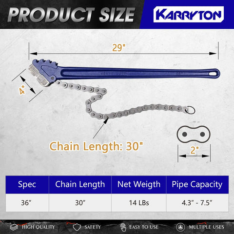 Heavy Duty Chain Pipe Wrench With 36 Inch Chain, Fits 4.3 To 7.5 Inch Pipes, 30 Inch Chain Length, Max 15000 Lbs Breaking Load