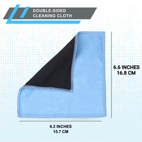 Front view of blue microfiber cleaning cloth with black suede-backed side; double-sided, 6.6 x 6.2 inches.