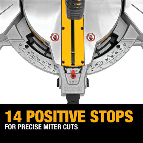 12 Inch Miter Saw With Double Bevel And Compound Cutline 15 Amp Power XPS Cutline Illumination Stainless Steel Detent Plate With 14 Positive Stops Tall Sliding Fences For Crown Molding And Base Molding