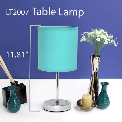 Blue Turquoise Chrome Mini Table Lamp With Fabric Shade, Compact 11.8 Inch Tall, E12 Candelabra Base, Tabletop Decor