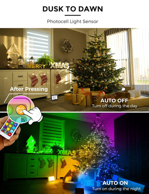 Outdoor Plug In Flood Light 50W Dusk To Dawn With IP66 Waterproof shown with colorful indoor lighting at night and day