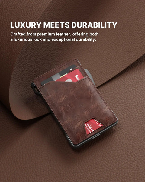 Slim RFID Blocking Leather Tactical Wallet For Men With Pop Up Card Case And Front Pocket Money Clip, ID Window, Brown, leather texture background