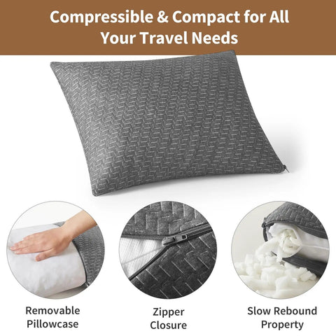 Travel Camping Pillow With Shredded Memory Foam, Compressible And Medium Firm, showing removable pillowcase and zipper closure.