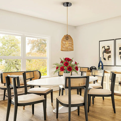 Dining room with Boho Rattan Pendant Light Fixture With 72in Golden Cotton Cord Handwoven Hanging Lamp For Kitchen Island And Living Room.