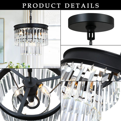 2 Tier Crystal Chandelier With Black Finish For Living Room Bedroom Dining Room And Hallway, Real K9 Crystals With Transparent Triangular Strips For Sparkling