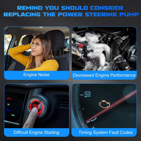 Image depicting signs for replacing the power steering pump: engine noise, decreased performance, starting issues, fault codes.