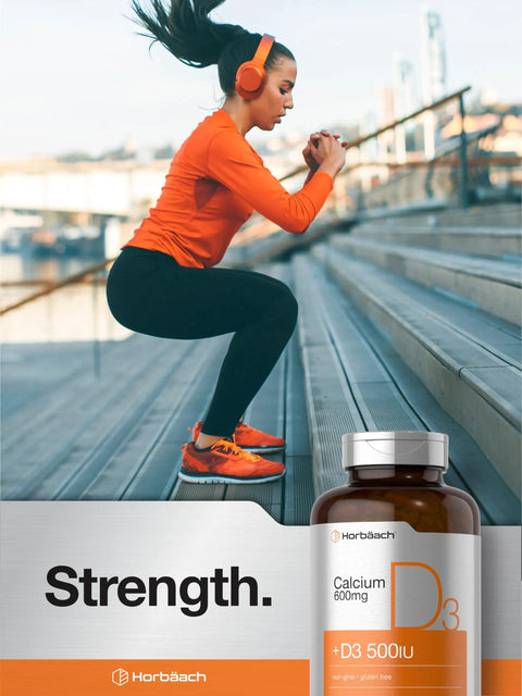 Woman exercising outdoors with a bottle of Calcium With Vitamin D3 600 Mg Softgels For Strong Bones visible in the foreground.
