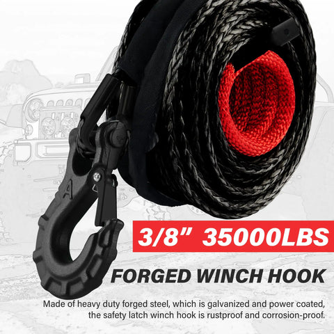 Three Eighths Inch Synthetic Winch Rope Kit with Hook for 4x4 Off Road Rigs, 27000 Lb Capacity, shown with red safety strap and black hook