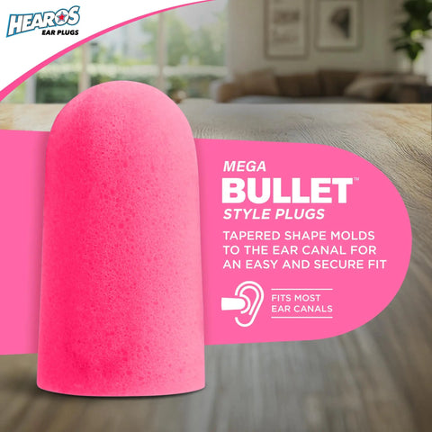 Pink foam ear plug on a table, packaging highlights Mega Bullet Style, tapered shape for comfort, Sleep Pretty In Pink Ear Plugs For Sleeping - Petite Sized Foam Noise Reduction Plugs With 32 NRR To Block Snoring Partners, Dorm Mates, Loud Concerts And Travel, 14 Pair Pack.