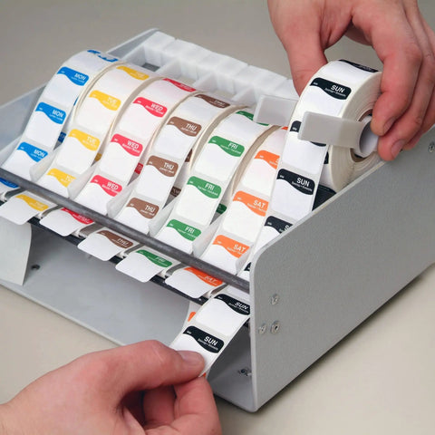Heavy Hitter Plastic Label Dispenser Rack For Single Two Inch Wide Roll with various colored tags for easy labeling.