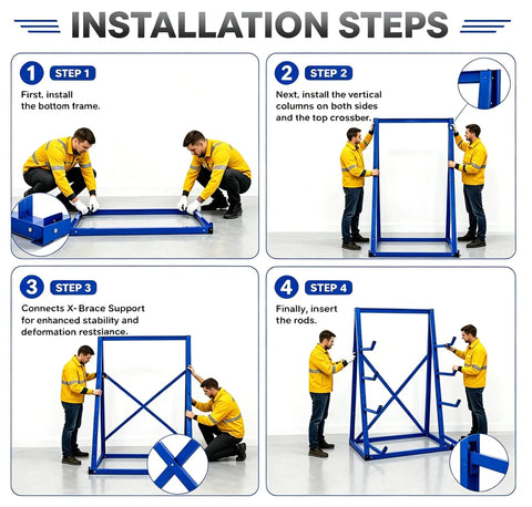 Beast Mode Cantilever Storage Rack Four Tier Steel Frame Supports Two Thousand Four Hundred Pounds For Lumber Pipes Metal Sheets And Garage Workshop Setup installation steps showing assembly process.