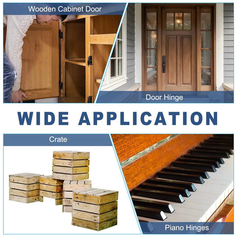 Image showing Top Shelf 10 Inch Gold Piano Hinge Pack Heavy Duty 304 Stainless Steel Continuous Hinges With Pre Drilled Holes For Wood Cabinets Gates Boat Hardware Built Like A Tank With Killer Durability And Zero Fuss in various applications including cabinet doors and crates.