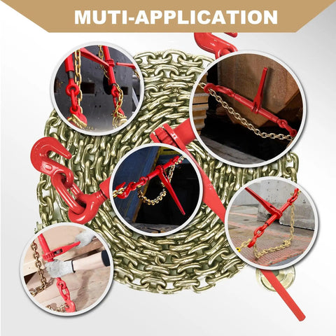 Heavy Duty Chain And Binder Set Three Eighths To One Half Inch G80 Transport Chain Ten Feet Four Pack with Ratchet Load Binders Nine Thousand Two Hundred Lbs WLL for Trucking Trailers and Industrial Agricultural Traction Applications, close-up of chain and binder in diverse applications.