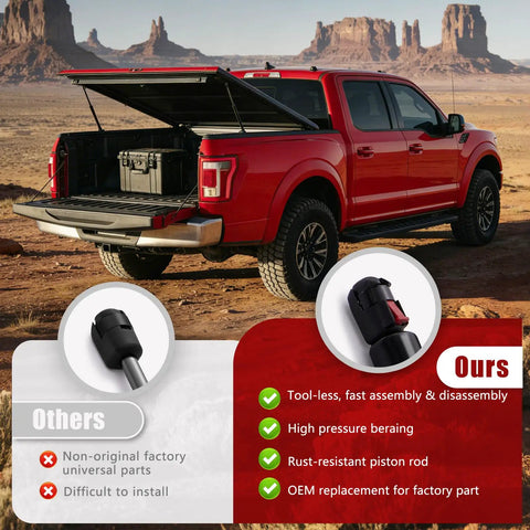 Red pickup truck with open tonneau cover showcasing Premium Heavy Duty Gas Struts 27 Inch 45 Lb Force Pair use.