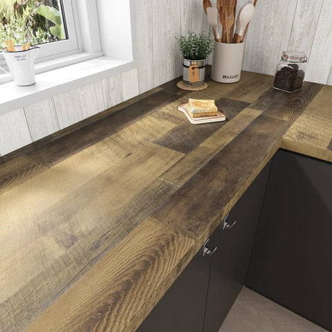 Kitchen with Peel And Stick Butcher Block Countertop Wallpaper Waterproof Wood Grain Vinyl Roll installed on countertops and walls
