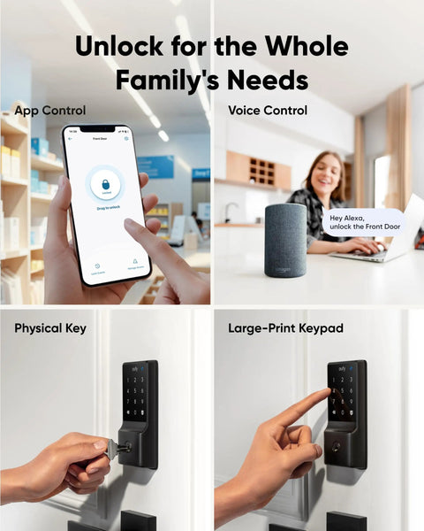 Ace Keyless Entry Smart Lock integrates with app and voice control, featuring a large-print keypad for easy access.