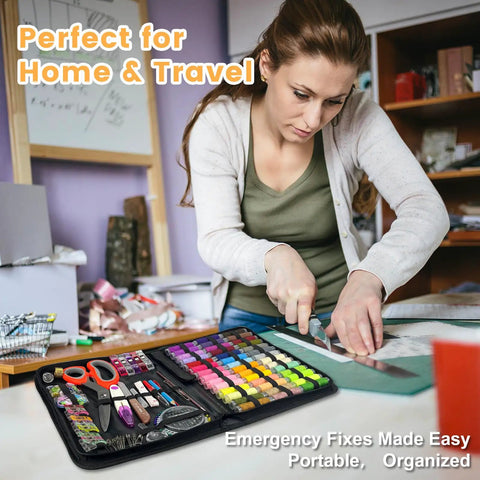 Woman using All-In-One Sewing Kit For Adults And Beginners, 295-Piece Pro-Grade Portable Mending Set with tools in room