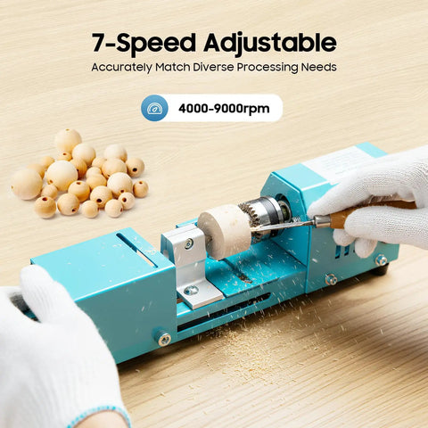 Versatile Mini Lathe Machine 96W With Seven Speed Settings For Precision Woodworking Drilling And Milling Projects, compact size in use.