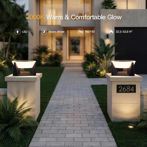 Weather Resistant Solar Post Lights For Yard And Patio Smooth Automated Dusk To Dawn Glow illuminating a stone path.