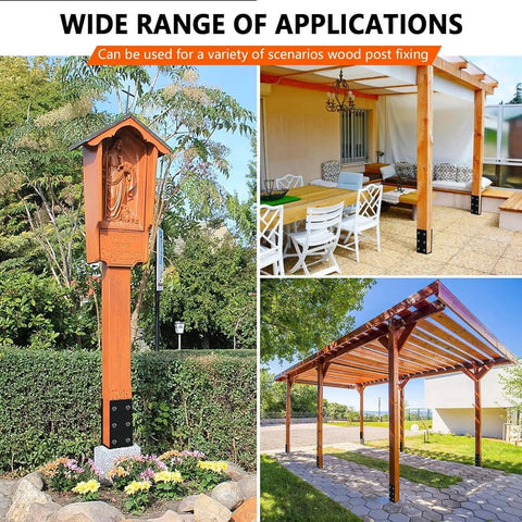 4 Pack Heavy Duty Concrete Post Anchors For 4x4 And 4x6 Posts, Solid Steel Fence Post Base with installed wood structures