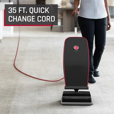 Hoover Commercial Superior Lite Upright Vacuum Cleaner Lightweight at Nine Pounds With Forty Foot Cord for deep carpet cleaning in office.