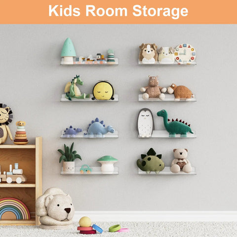 Upgrade Your Space With This 16 Pack 15 Inch Clear Acrylic Wall Shelf Set Floating Storage Organizers For Bedroom Closet Bathroom Solid Space Savers That Stack Up Your Gear Without The Clutter Or Mess, featuring playful kids room decor.