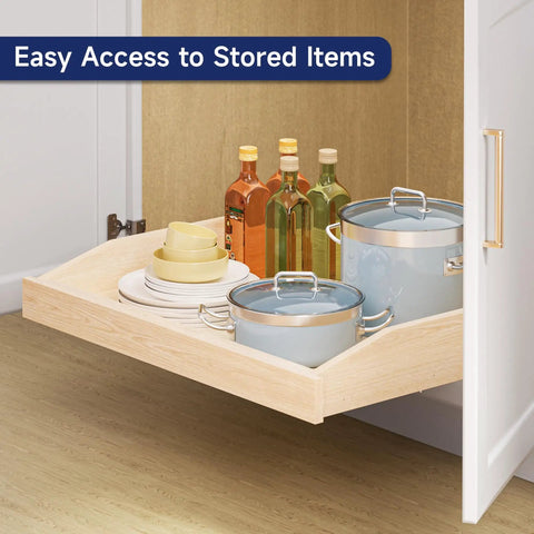 Smooth Glide Pull Out Cabinet Organizer Heavy Duty Wood Drawer Slide For Kitchen Base Cabinets And Pantry Storage With Soft Close Bottom Mount Setup showing a wood pull out drawer with dishes and bottles.