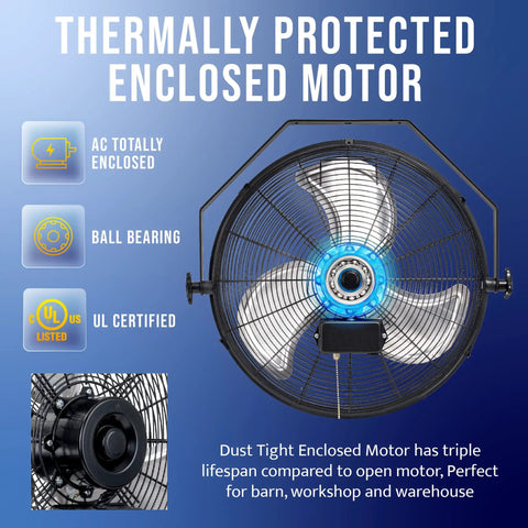 18 Inch High Velocity Industrial Wall Fan With TEAO Enclosure Motor 4000 CFM 3 Speed 6.5 Ft Cord Heavy Duty Metal Construction For Workshop Warehouse Shop Indoor Use UL Listed with thermally protected motor.