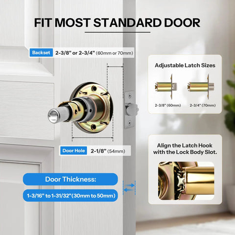 Diagram showing Crystal Door Knobs With Lock And Keys, 6 Pack Keyed Alike Glass Door Knob Set In Satin Nickel, fitting details.