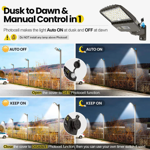Switchable LED Parking Lot Light For Driveways And Lots 150W 180W 200W With 32000 Lumen, 5000K Daylight, Dusk to Dawn control diagram