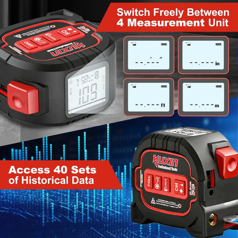 3-in-1 Laser Tape Measure With 196ft Laser Range, 16ft AutoLock Tape, Built-In Level, Type-C Rechargeable, Magnetic Hook, 6 Modes For Construction And DIY Pros, Ultra-Accurate Distances And Quick Measurements. Black and red laser tape measure with unit display and history screen.