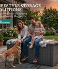 Family sitting on Extra Large 240 Gallon Outdoor Deck Box With Locking Lid Waterproof Resin Storage Bench in garden at sunset