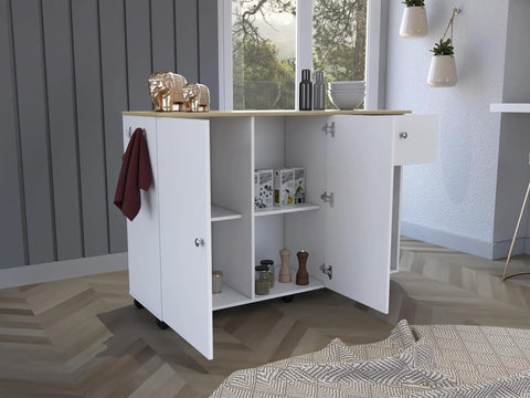 Smooth Rolling Kitchen Island With Locking Casters Ample Drawer Double Door Cabinet Shelving Towel Hook Portable Cart top view in white with organized shelves.