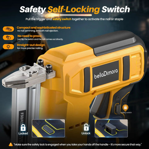 Top Shelf No Sweat Heavy Duty Cordless Brad Nailer And Broad Crown Staple Gun Compatible With Dewalt 20V Battery self-locking switch for safety.