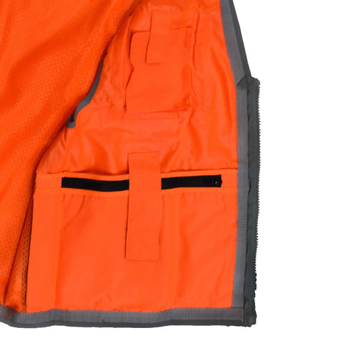 Interior view of Heavy Duty Hi Vis Safety Vest For Field Pros Class 2 ANSI 107-2020 Two Tone Orange With Padded Neck Support pockets